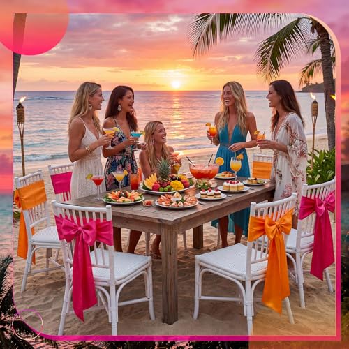 12 Pcs Pink and Orange Satin Chair Sashes Bows, 6 Orange & 6 Hot Pink Chair Ties for Sunset Wedding Reception Party Banquet Decorations, Universal Cover Sashes