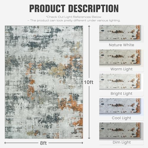 8x10 Area Rugs for Living Room: Washable Soft Grey Abstract Bedroom Carpet