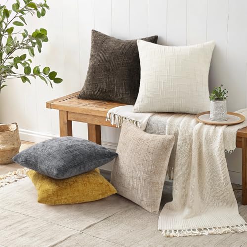 decorUhome Fall Cream White Chenille Throw Pillow Covers 18x18 Set of 2 Textured Soft Cozy Slubby Couch Pillow Covers Modern Farmhouse Boho Decorative Pillow Cases for Bed Sofa Living Room