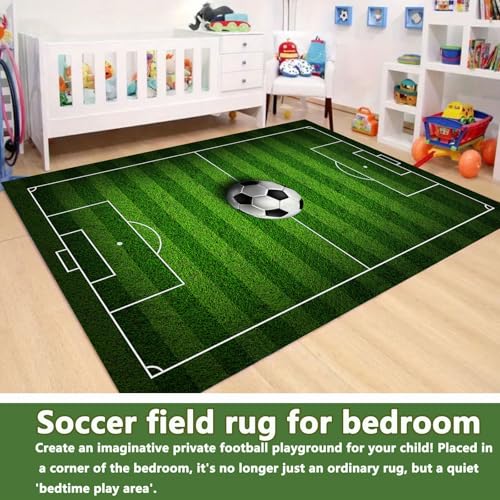 Kids Soccer Field Rug 2.6X4ft for Boys Bedroom,Green Football Field Carpet Non-Slip Playmat Fun Sports Area Rugs for Boys Children's Bedroom Playroom Living Room Nursery