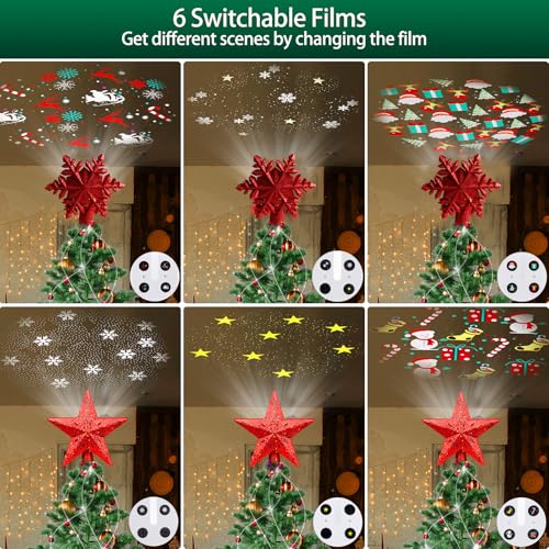 Christmas Tree Topper Lighted with 6 Projected Patterns -Snowflake Tree Topper Magic Rotating Lights -3D Glitter Dynamic Projector Xmas Tree Topper for Festive Party Decorations (Red)
