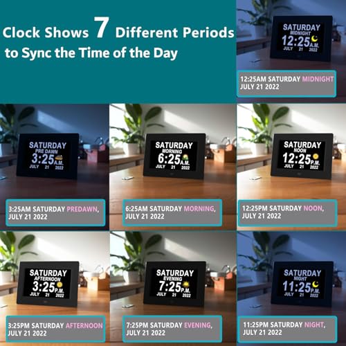 Véfaîî Digital Clock with Day Date 1280 * 800P HD, 19 Alarms Custom Reminders, 10 Levels Auto Dimmer Dementia Clock, 8 Display Colors, Auto DST, Remote & Buttons Control Easy for Elderly