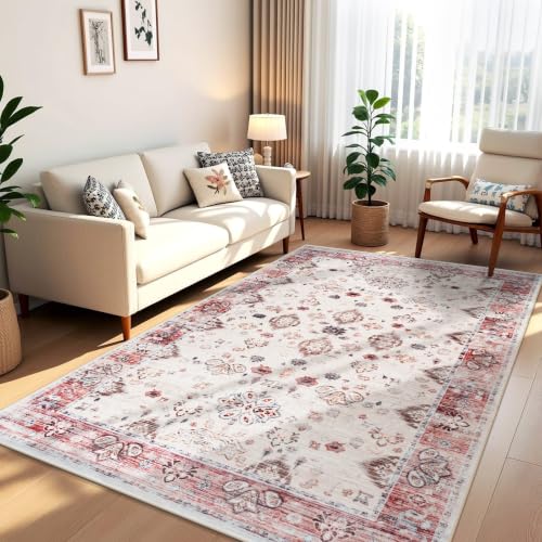 5x8 Area Rugs for Living Room, Washable Rug Vintage Floral, Red