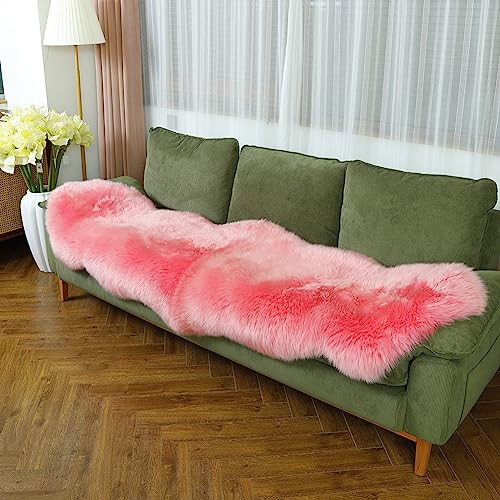 LLB Genuine Sheepskin Area Rug Wool Rug Fur Carpet Fluffy Shaggy Fur Rug for Living Room Kids Bedroom Real Sheepskin Throw Lambskin Rugs Sofa Mat Chair Seat Covers (Pink, 2 x 6 ft Sheepskin)