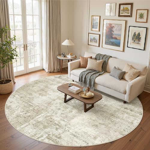 Soalmost Round Rugs 8ft Living Room Circle Area Rug 8x8 Beige/Gray Vintage