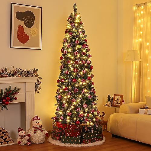 Homde Pencil Christmas Tree 6 Foot Pre-Lit Artificial Christmas Tree with Flocked Snow Pine Cone 160 Warm White Lights Holiday Decor