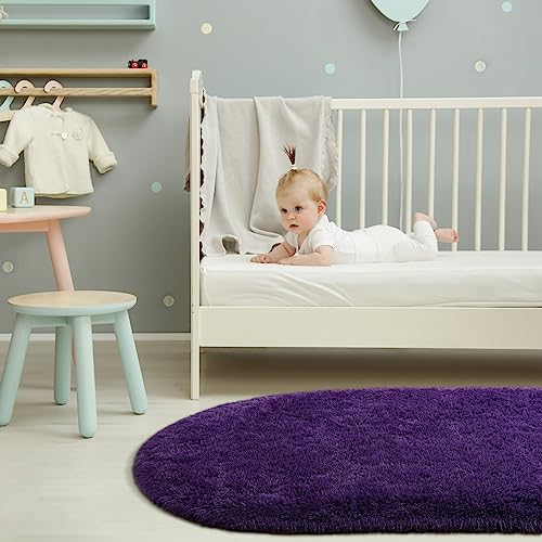 Softlife Oval Fluffy Rugs for Bedroom, 2.6 x 5.3 Feet Shag Cute Area Rug for Girls and Kids Baby Room Home Decor, Indoor Carpet for Nursery Dorm Living Room, Dark Purple
