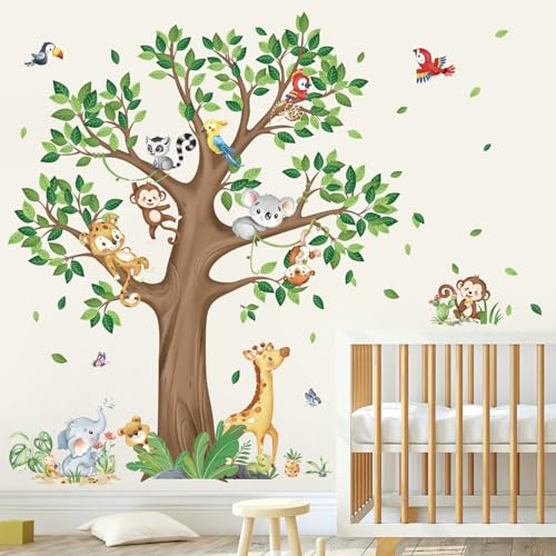 decalmile Large Jungle Animal Tree Wall Decals Giraffe Koala Leopard Safari Wall Stickers Baby Nursery Kids Bedroom Toddler Room Wall Decor