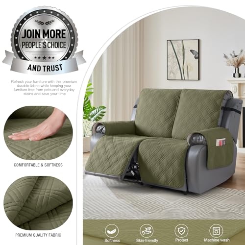 TAOCOCO 100% Waterproof Loveseat Recliner Covers 2 Seater, Split Loveseat Covers for Reclining loveseat, Non Slip Reclining Couch Cover with Double Straps for Kids, Pets(2 Seater, Green)