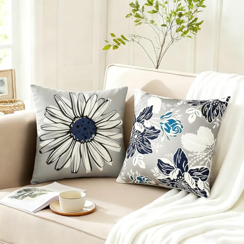 Decorative Throw Pillow Covers Set of 4 Blue Pillow Covers 18x18 inch Throw Pillow Cases Linen Square Pillow Case,Farmhouse Outdoor Modern Boho Pillow Covers for Couch Sofa Living Room