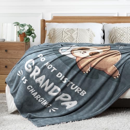 Funny Gifts for Grandpa, Grandpa is Charging Sloth Blanket, Grandpas Birthday Gift, Grandpas Gifts from Grandkids for Fathers Day Christmas, Soft Sloth Blanket for Grandfather 60" x 50"