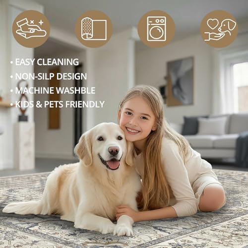 2x6 Washable Kitchen Runner Rug, Non Slip Vintage Runner Rugs for Hallway, Ultra-Thin Low Pile Distressed Kitchen Rugs Non Skid, Machine Washable Laundry Entryway Indoor Carpet,Beige/Blue