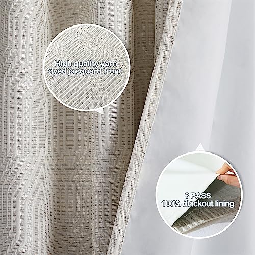 Beige and Silvery 100% Blackout Jacquard Geometric Pattern Curtains,52 Inch Wide 84 Inches Long 2 Panels, Thermal Insulated Noise Reducing Anti-Rust Grommet Drapes for Bedroom Living Room, Cream