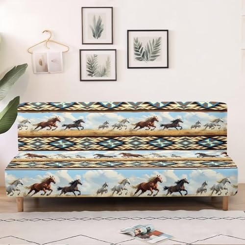 Aztec Western Armless Futon Cover Horse Stretch Armless Sofa Slipcover Navajo Southwestern Ethnic Washable Elastic Couch Furniture Protector for Bedroom Living Room
