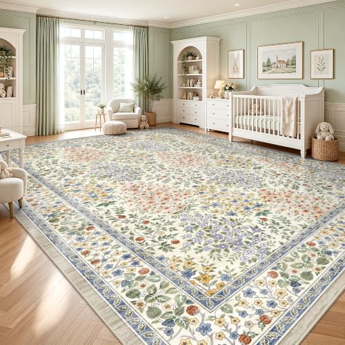 10x14 Large Area Rugs, Machine Washable Low Pile Floral Rugs for Living Room, Bedroom, Boho Style with Non-Slip Backing Nursery Rug(Beige Floral)