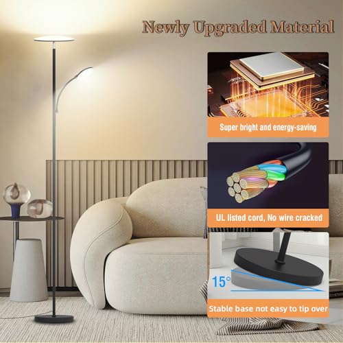 Floor Lamp, Upgraded 42W 4500LM Super Bright LED Floor Lamp with Rotatable Reading Light, Touch Remote Control & Memory Function, Stepless Dimmable Standing Lamp for Living Room Bedroom Office, Black