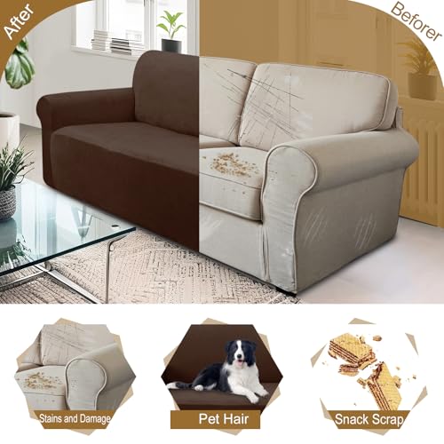 U-NICE HOME Velvet Sofa Cover Stretch Couch Covers for 3 Cushion Furniture Protector Sofa Slipcover (Large, Chocolate)