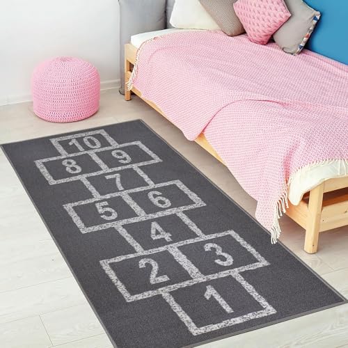 Ottomanson 2'7" x 6' Hopscotch Kids Rug - Play Mat for Playroom, Bedroom, Daycare & Classroom - Fun & Interactive Game Carpet - Durable and Non-Slip - Perfect for Learning & High-Traffic Areas, Gray