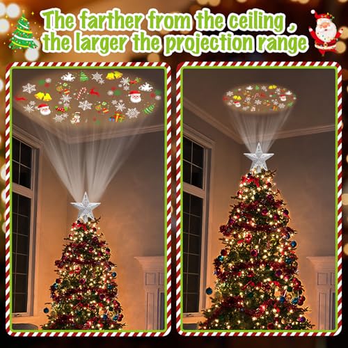 Tsorode Christmas Tree Topper Lighted,Star Tree Topper with Projector Built-in LED Rotating Lights with 6 Projection Modes,3D Glitter Dynamic Projection Christmas Decorations (Silver)