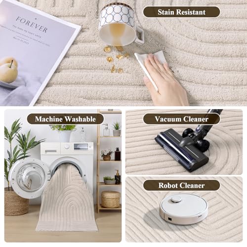 SHACOS Soft Cozy Fluffy Arch High Low Pile Round Rug 4ft Non Slip Washable Scandi Minimalist Circle Area Rug Modern Geometric Carpet for Living Room Bedroom Bathroom Kitchen, Beige