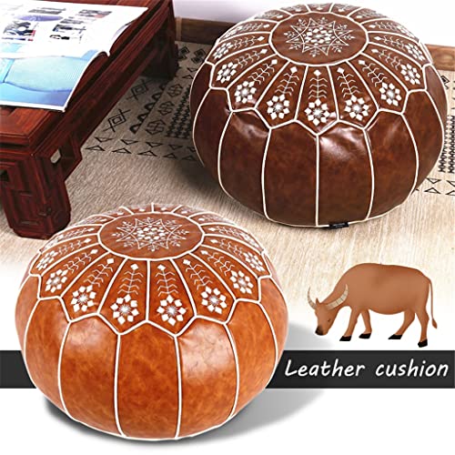 PU Leather Pouf Embroider Craft Ottoman Footstool Mediterranean Home Decor Artificial Leather Unstuffed Cushion(E)