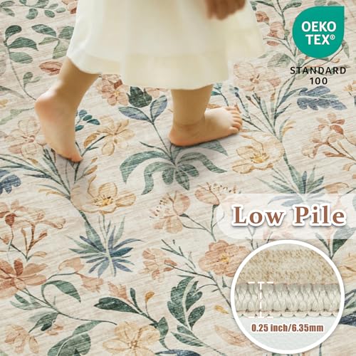 8x10 Area Rugs Washable Rug: Large Boho Living Room Rug Soft Non-Slip Low Pile Carpet Indoor Floor Non-Shedding Neutral Floral Carpets for Bedroom Dining Room Farmhouse Nursery Beige