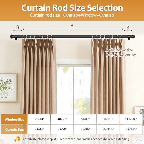 TONIAL Curtain Rod 32 to 58 Inch(2.6-4.8ft), Telescoping Splicing 3/4 Drapery Rods for Windows 20 to 53 Inch(1.7-4.4ft), Decorative Single Rod with Small Cap Finial, Black