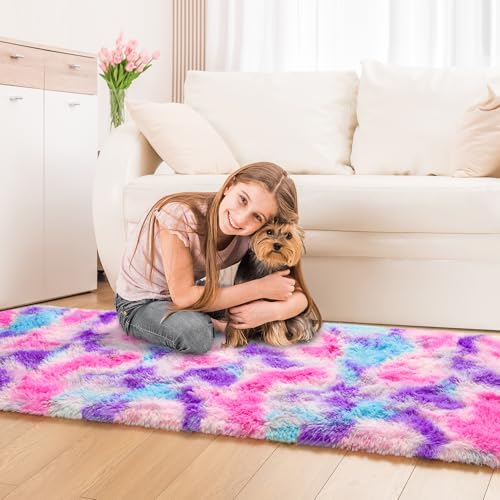Tepook Soft Rainbow Rug for Girls Room, Cute Fluffy Girls Bedroom Rugs, 2x6 Feet Shaggy Princess Rug Colorful Carpet for Kids Teens Toddler Playroom Nursery Reading Nook, Hot Pink