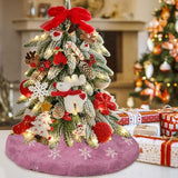 Spring Easter Mini Pink Faux Fur Tree Skirt, 15'' Small Pink Tree Rug with Silver Snowflake, Fluffy Furry Decorations for Pencil Slim Tabletop Tree