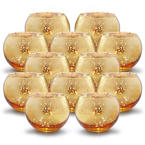 Round Gold Votive Candle Holders, Mercury Glass Votives Set of 12