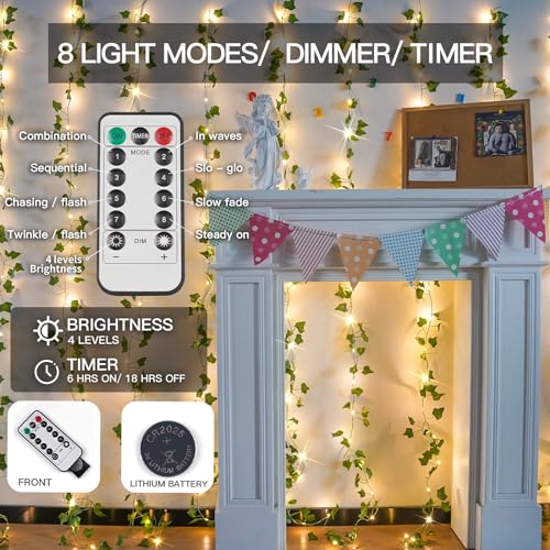 suddus Vines with Light for Bedroom, 200 LED Fairy Lights with Vines, Ivy Curtain Lights for Dorm, Wedding, Party, Wall, Indoor, Outdoor Decor, 6.5ft x 6.5ft with Remote（Warm White）