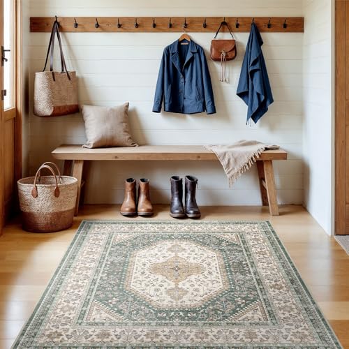 4x4 Square Washable Area Rug - Non-Slip Vintage Throw Rugs Green Beige