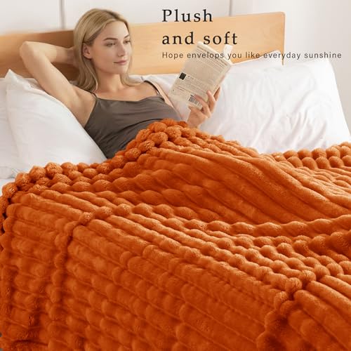 Exclusivo Mezcla Fleece Throw Blanket for Couch, Super Soft Striped Jacquard Bed Blanket, Lightweight Fuzzy Cozy for All Seasons, 50x60 Inches, Burnt Orange