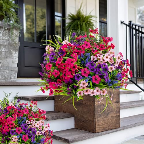 AXYLEX Artificial Flowers Outdoor Shrubs - 16 Bundles Fake Plants UV Resistant No Fade Faux Plastic Greenery Home Garden Porch Patio Decoration Office Indoor (1, Multi-16pcs)