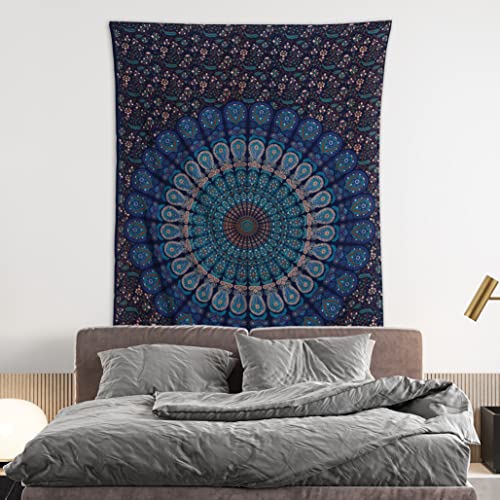Bless International Handmade Indian hippie Bohemian Psychedelic Peacock Mandala Wall hanging College Dorm Beach Throws Table Cloth Bedding Tapestry (Blue Green, Medium(54x60Inches)(137x152cms))