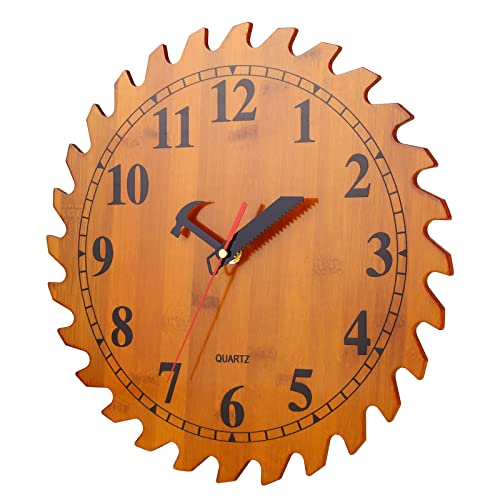 12 Inch Wood Wall Clock with Circular Saw Blade Dial, Handsaw and Hammer Pointer,Great Decor for Farmhouse,Garages and Man Cave