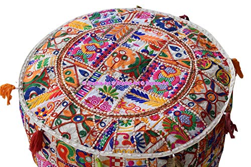 Sophia-Art Indian Embroidered Patchwork Cover Indian Decorative Pouf Indian Comfortable Floor Cotton Cushion Ottoman Pouf,Indian Designs Ethnic Patchwork Pouf (White Rajkoti, 14"x22")