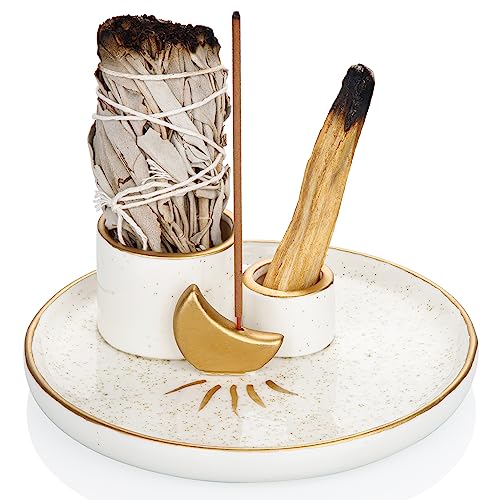 ZenBless Multifunction Incense and Candle Holder for Burning Sage, Palo Santo, Incense Sticks - 5.9" Ceramic Ash Catcher Tray for Meditation Room Home Decor Spritual Gifts (Gold)