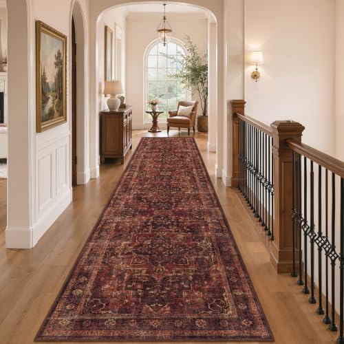 Washable Hallway Runner Rug 2'x10', Vintage Medallion, Dark Red