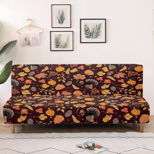 Thanksgiving Turkey Maple Futon Slipcover Armless Futon Bed Covers Stretch Furniture Protector Without Armrests with Elastic Bottom for Kids,Pets