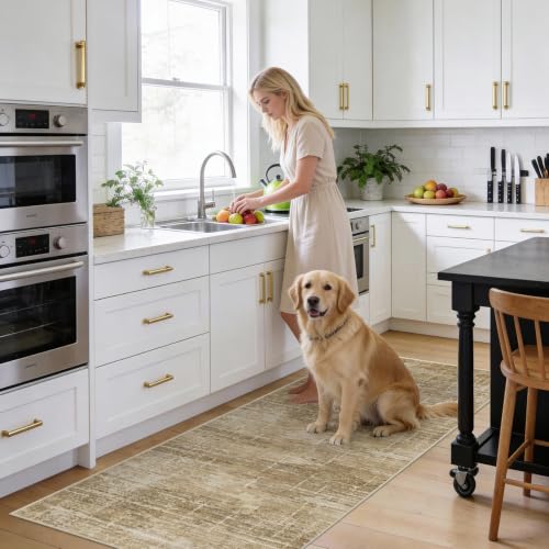 3x6 Washable Kitchen Runner Rug: Abstract Soft Neutral Carpet TanBrown