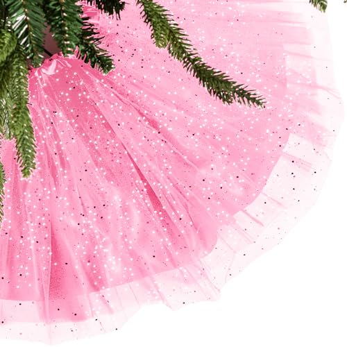 Skylety 48 Inch Valentine's Day Tree Skirt Ruffle Tulle Sequin Round Glitter Double Layers Skirt for New Year Wedding Anniversary Birthday Party Indoor Decoration (Pink)