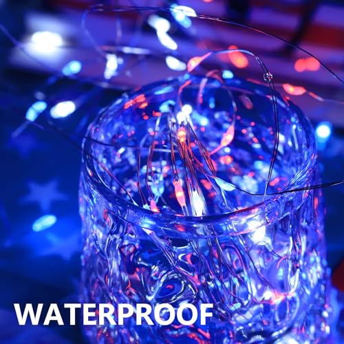 Curyidy 4th of July Decorations Lights, Red White Blue Fairy Lights 2 Pack 100LED String Lights Remote Control Patriotic Lights for Independence Memorial Day Decorations