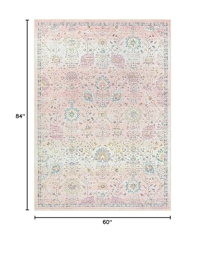 Lahome Pink Rug for Girls Bedroom 5x7, Soft Washable Floral Area Rug, Boho Non Slip Carpet for Kids Room, Teen Room, Playroom, Nursery, Classroom, Living Room