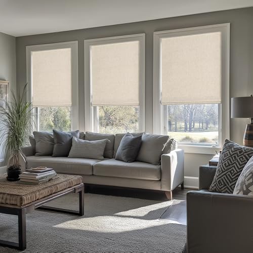LazBlinds No Tools No Drill Cordless Roman Shades for Windows, Blackout Thermal Insulated UV Blocking Window Blinds, Room Darkening Fabric Blinds for Indoor Windows, 34'' W x 64'' H, Beige