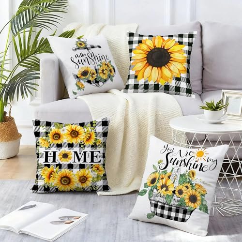 pinata Summer Spring Pillow Covers 18x18 Set of 4, Sunflower Decor Outdoor Pillows Cover, Sunshine Black Plaid for Farmhouse Sofa Couch Indoor Home Throw Case(No Insert)
