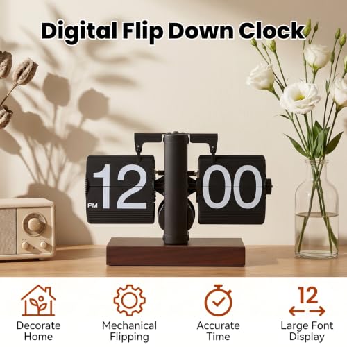 VINGVO Digital Flip Down Clock, Retro Flip Desk Clock, Battery Operated Mechanical Clock, Internal Gear Operated Time Clocks for Home Room Office Desk & Shelf Decoration (Black)