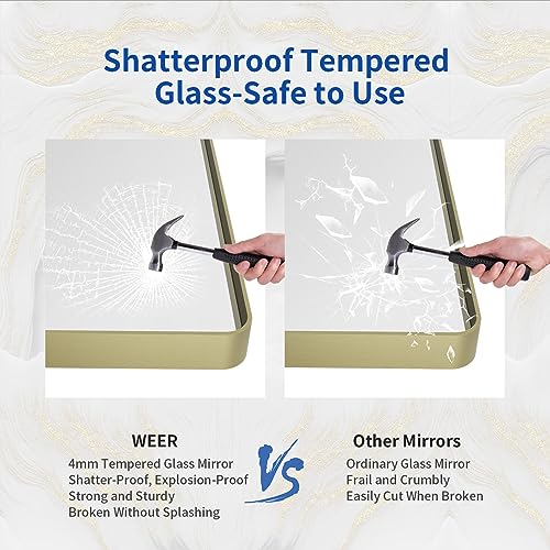 WEER Gold Bathroom Mirror, 22X30 Inch Brushed Gold Metal Frame Mirror, Rounded Rectangle Gold Bathroom Vanity Mirror for Wall, Tempered Glass, Anti-Rust, Hangs Horizontally or Vertically