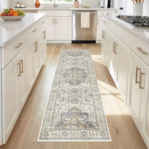 2x6 Washable Kitchen Runner Rug, Non Slip Vintage Runner Rugs for Hallway, Ultra-Thin Low Pile Distressed Kitchen Rugs Non Skid, Machine Washable Laundry Entryway Indoor Carpet,Beige/Blue