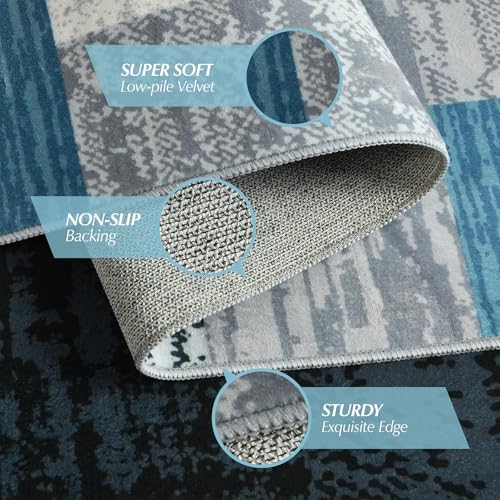 Indoor Washable Runner Rug with Rubber Backing, Modern Geometric Patchwork